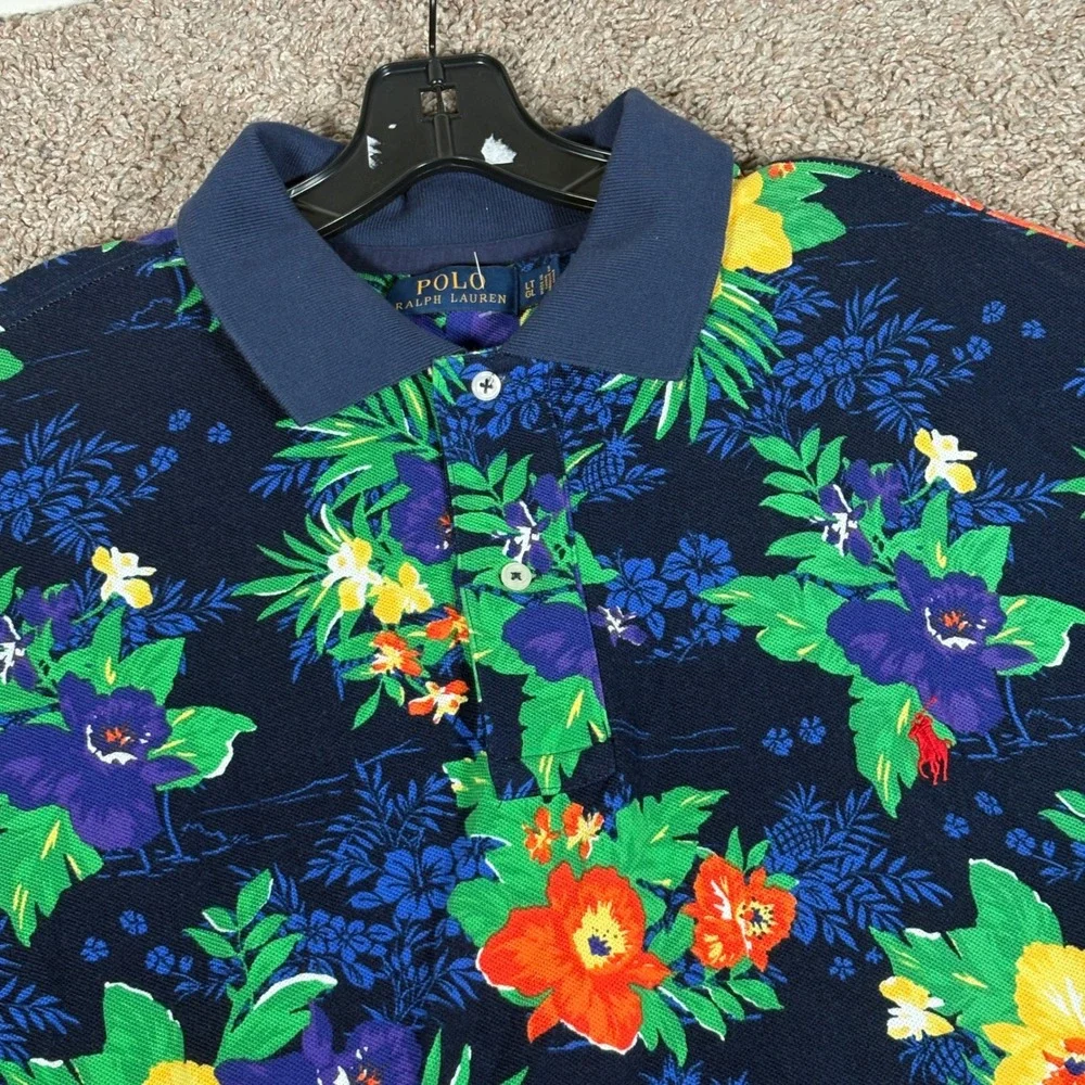 Polo Ralph Lauren Mens Navy Blue Tropical Floral Hibiscus Polo Shirt LT